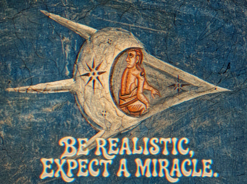 A rectangular wall art print or poster showing a stylized white spacecraft with a seated figure inside, set against a distressed blue background. The text at the bottom reads, 'BE REALISTIC, EXPECT A MIRACLE.